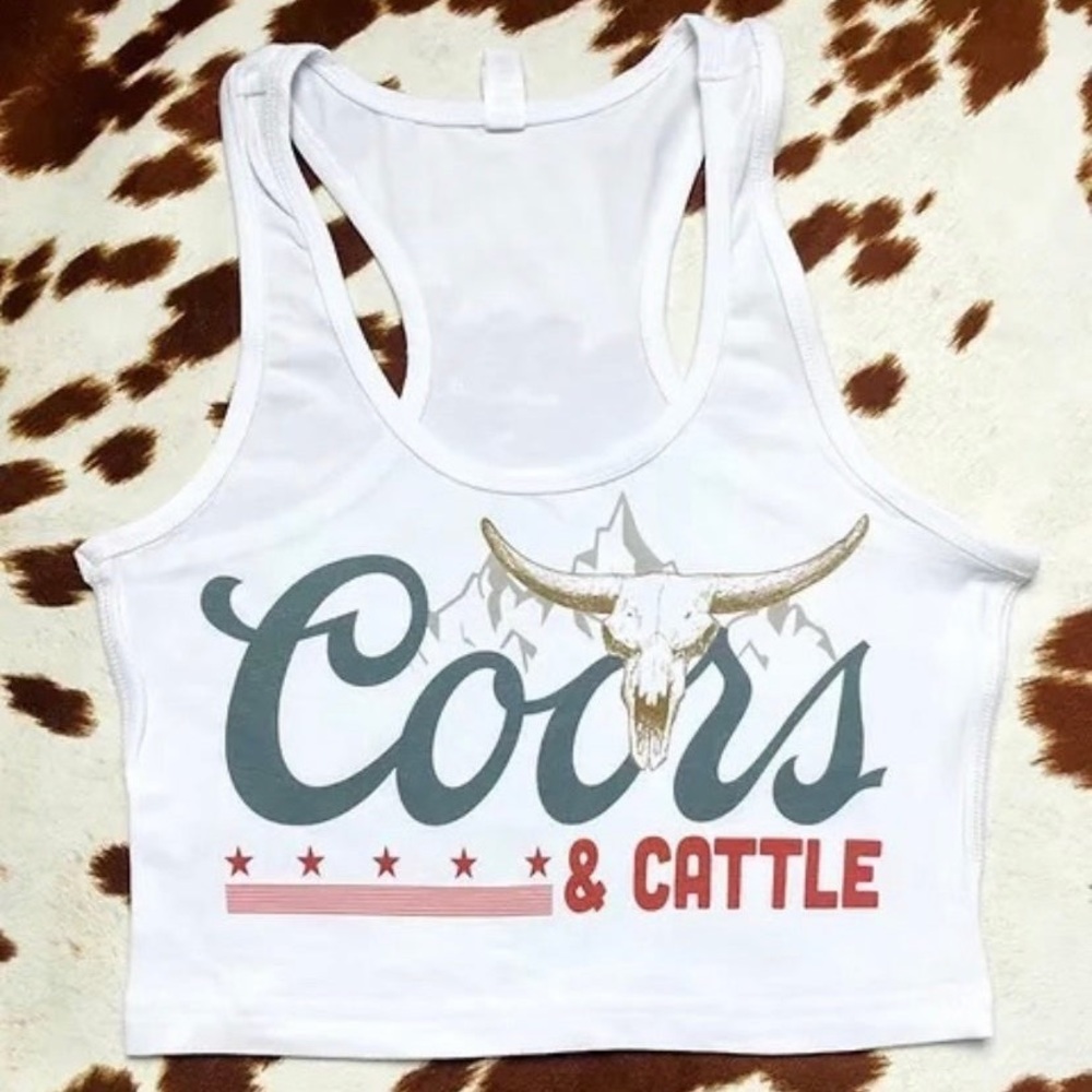 COORS AND CATTLE WOMENS WHITE CROPPED COTTON TANK TOP